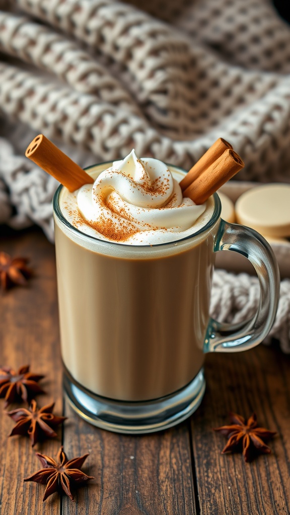 A warm mug of spiced vanilla vodka chai cocktail garnished with whipped cream and a cinnamon stick on a rustic table.